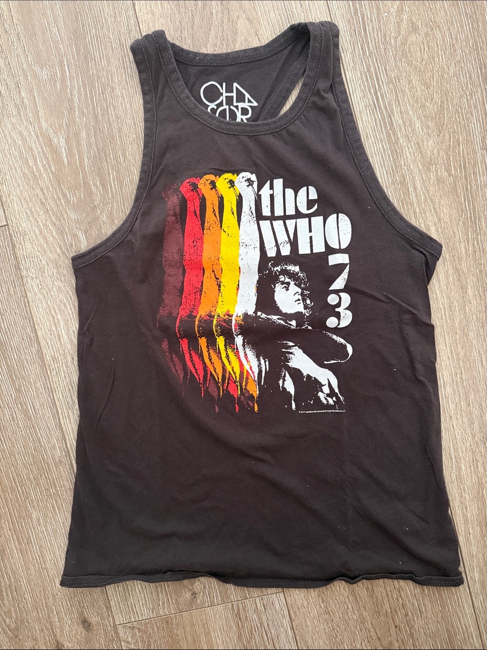 Chaser Black The Who 73 Graphic Muscle Tee with Red, Orange, Yellow Accents